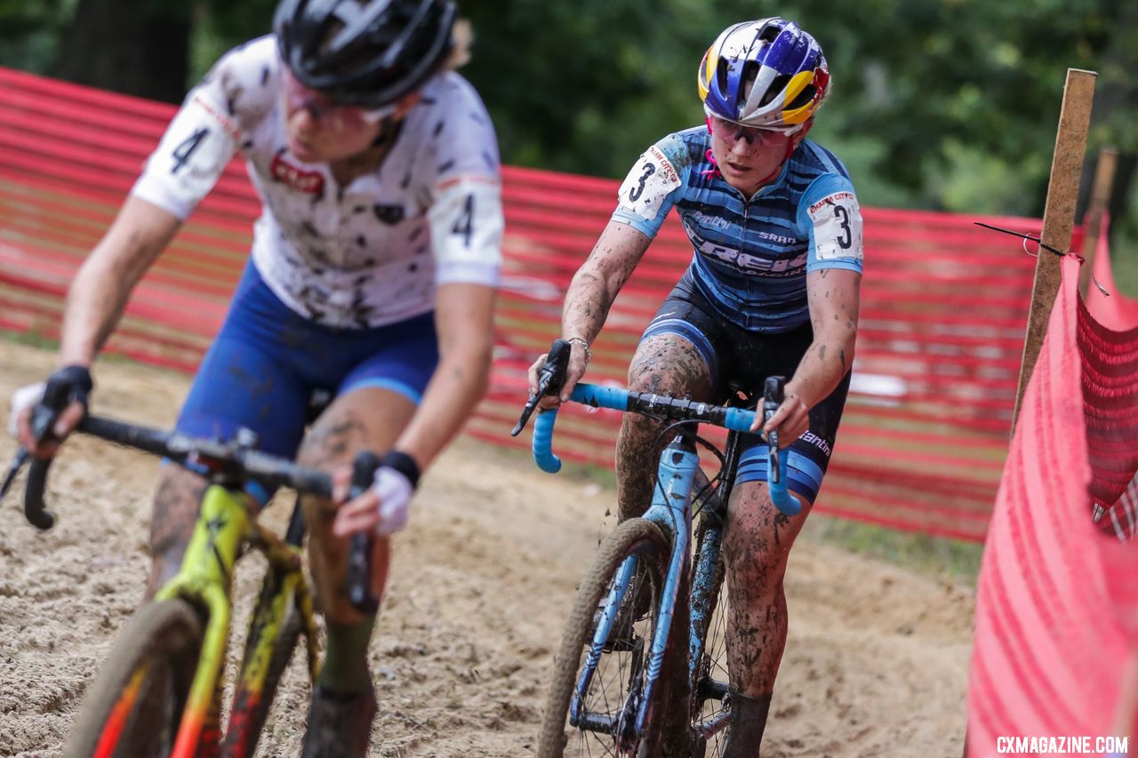 Maghalie Rochette leads Ellen Noble. 2018 Charm City Cyclocross Day 1. © Bruce Buckley
