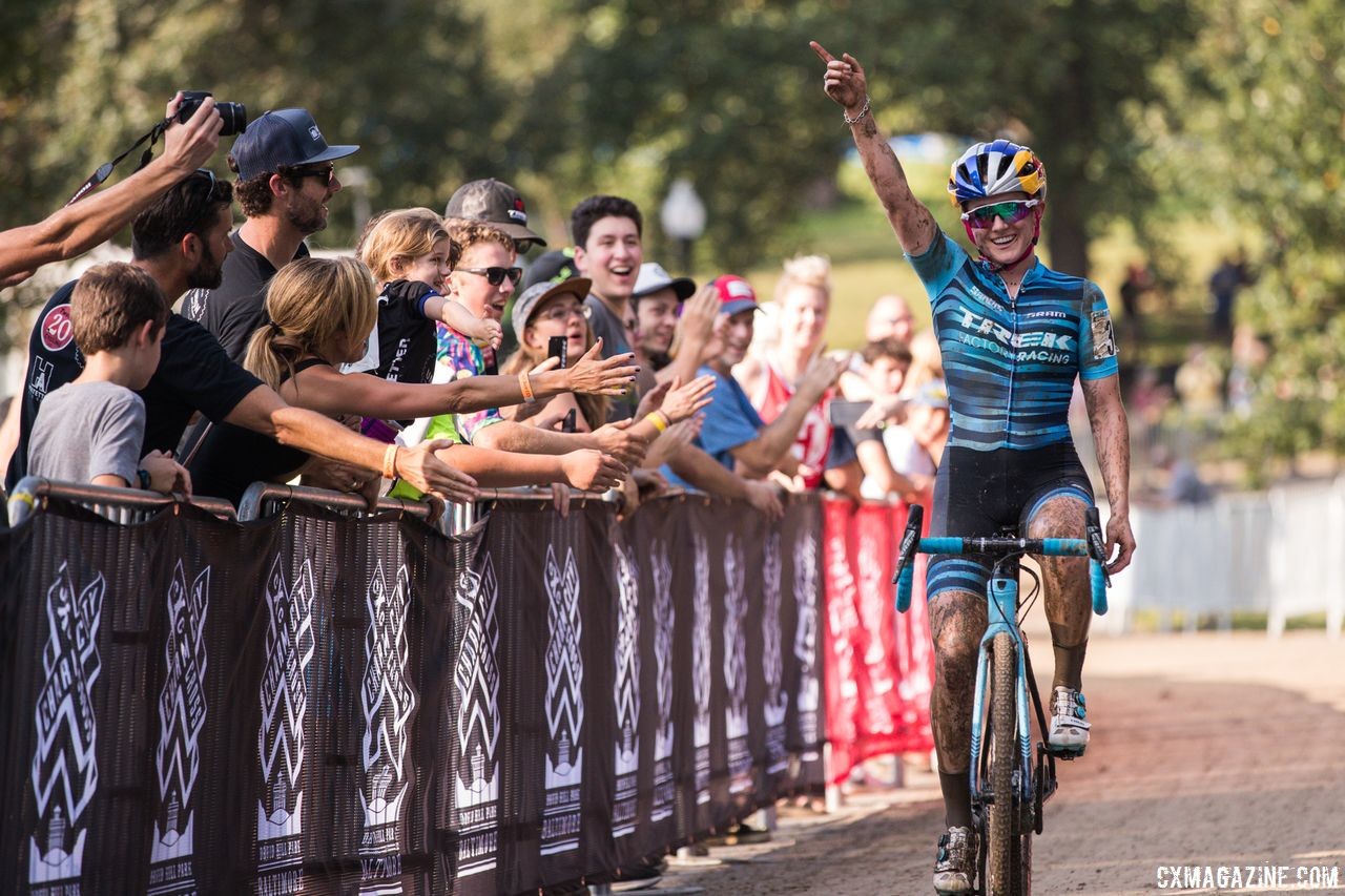 Ellen Noble celebrates her second-straight win. 2018 Charm City Cross Day 2. © B. Buckley