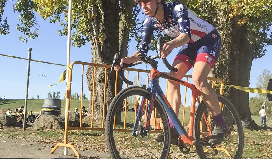 Monica Lloyd raced in her national champion's kit and finished second. 2018 MFG Cyclocross #4, Magnuson Park. © Robert Milligan