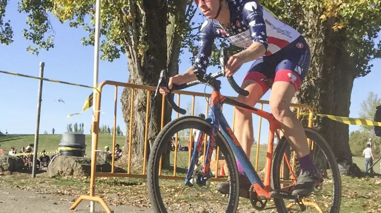 Monica Lloyd raced in her national champion's kit and finished second. 2018 MFG Cyclocross #4, Magnuson Park. © Robert Milligan