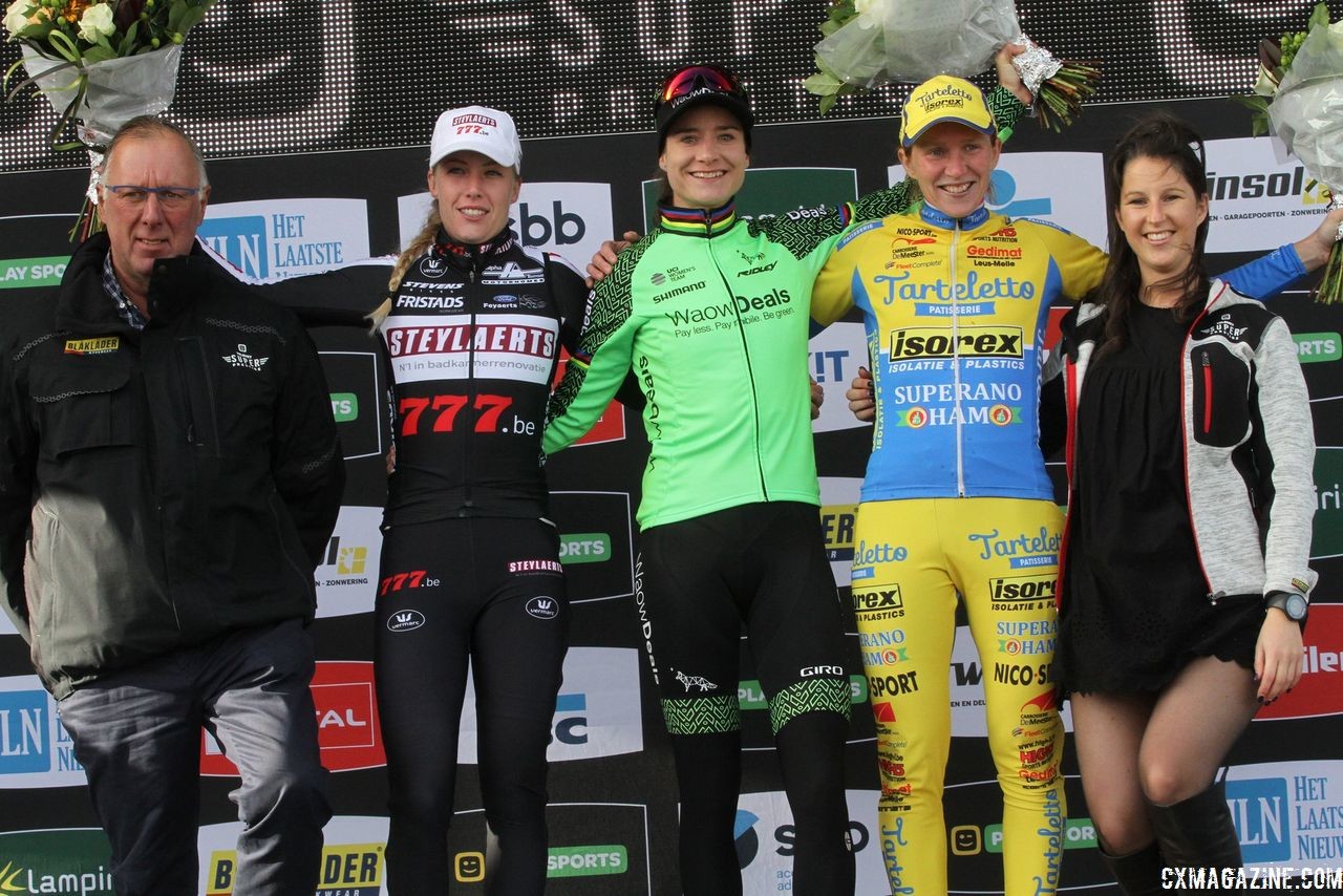 Women's podium: Marianne Vos, Annemarie Worst and Kim Van De Steene. 2018 Superprestige Ruddervoorde. © B. Hazen / Cyclocross Magazine