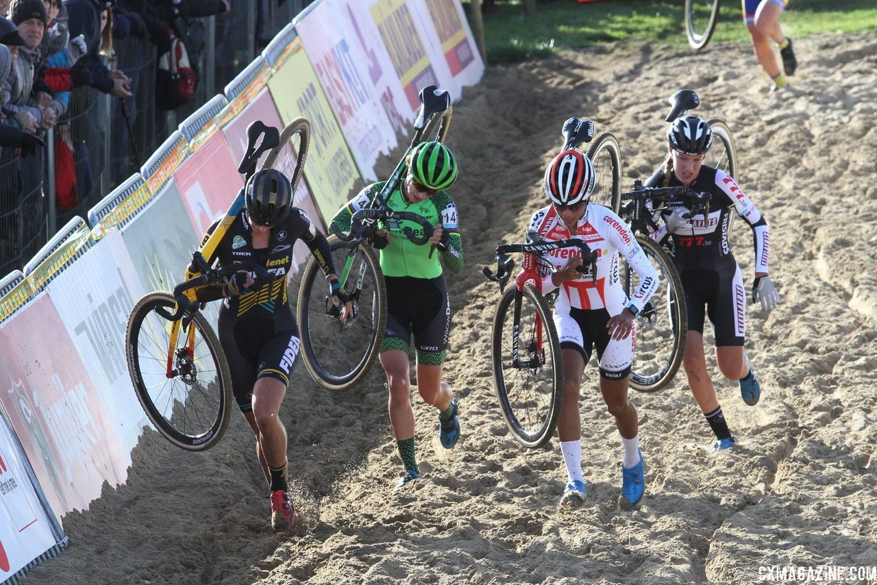 The early lead group of Ellen Van Loy, Ceylin del Carmen Alvarado, Annemarie Worst and Marianne Vos. 2018 Superprestige Ruddervoorde. © B. Hazen / Cyclocross Magazine