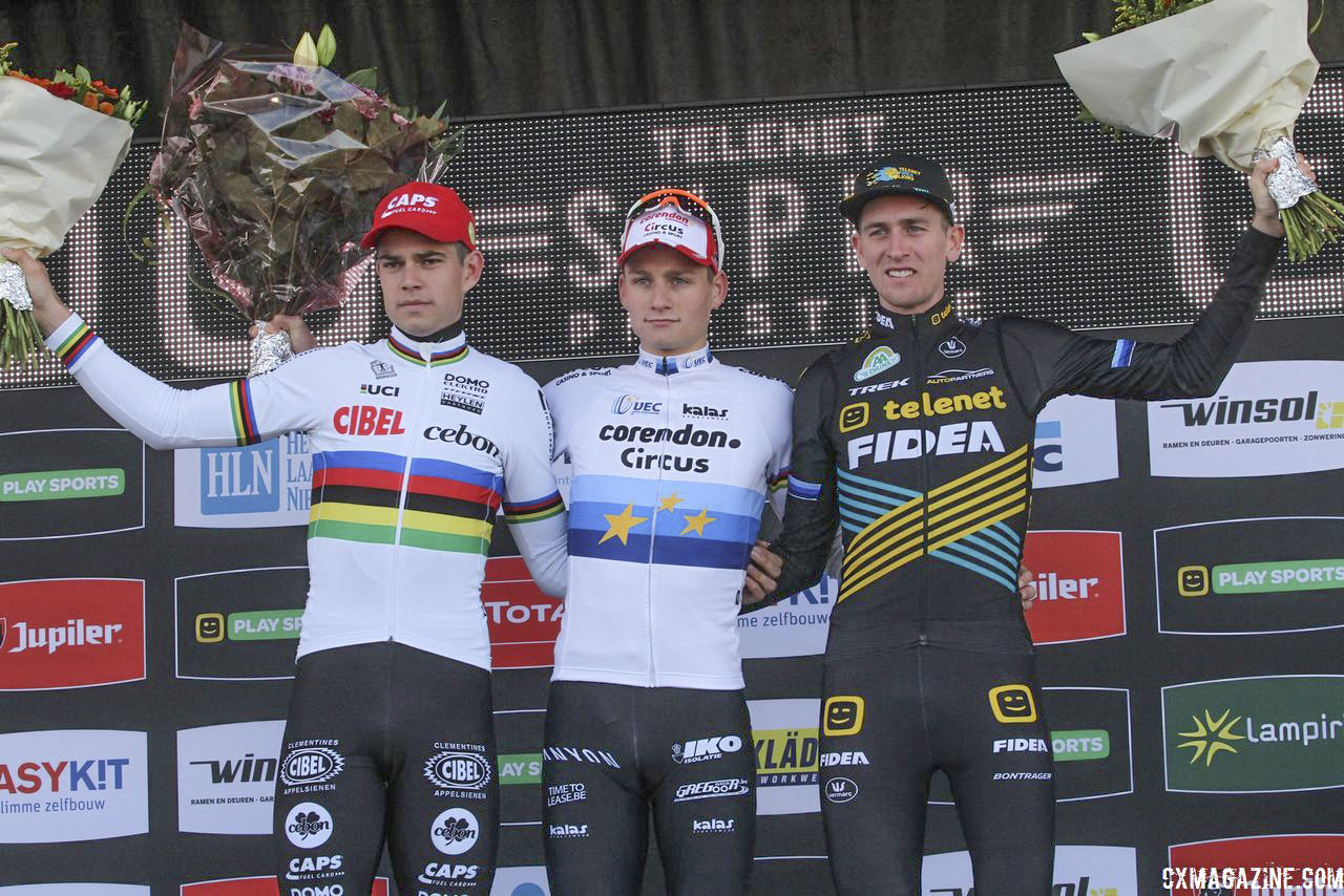 Men's podium: Mathieu van der Poel, Wout van Aert and Toon Aerts. 2018 Superprestige Ruddervoorde. © B. Hazen / Cyclocross Magazine