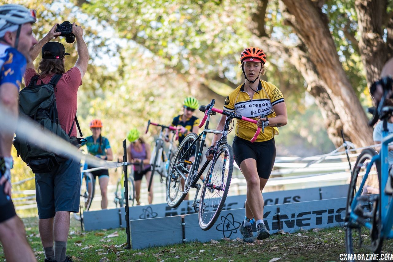 Up and over the Kinetic barriers. 2018 Sacramento Cyclocross #2, Miller Park. © J. Vander Stucken / Cyclocross Magazine
