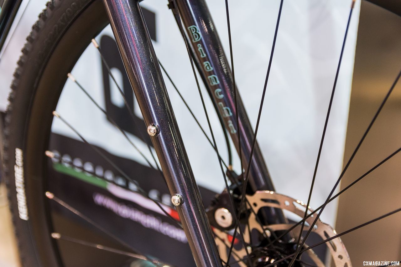 THe fork on the Orso has side mounts ready for adventure. Bianchi Orso, Impulso All Road and E-Road Aria, Interbike 2018. © C. Lee / Cyclocross Magazine