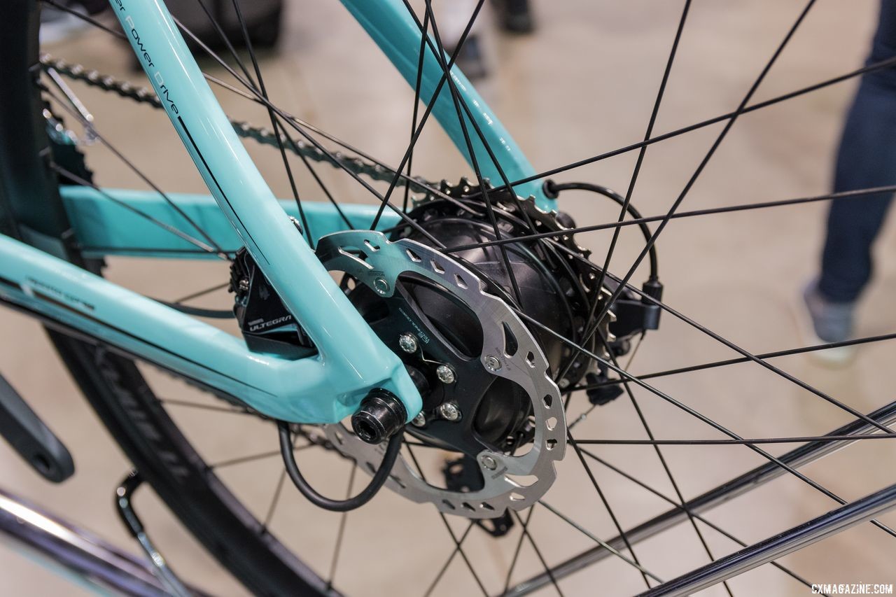 The hub-centric motor of the Bianchi E-Road Aria carbon road bike. Bianchi Orso, Impulso All Road and E-Road Aria, Interbike 2018. © C. Lee / Cyclocross Magazine