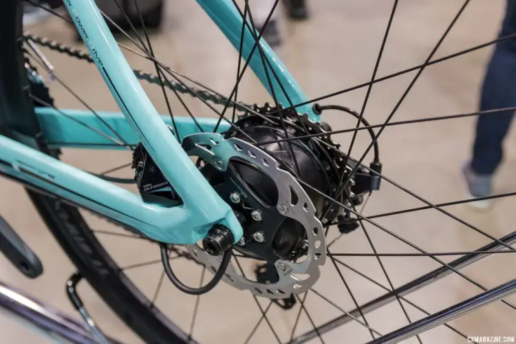 The hub-centric motor of the Bianchi E-Road Aria carbon road bike. Bianchi Orso, Impulso All Road and E-Road Aria, Interbike 2018. © C. Lee / Cyclocross Magazine