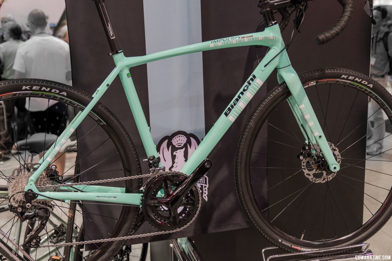The Impulso All Road adds disc brakes and more tire clearance to the comfort tuned aluminum performance road bike. Bianchi Orso, Impulso All Road and E-Road Aria, Interbike 2018. © C. Lee / Cyclocross Magazine