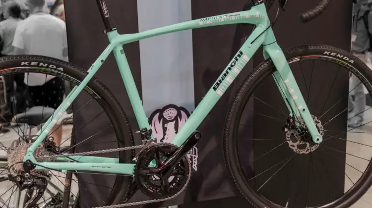 The Impulso All Road adds disc brakes and more tire clearance to the comfort tuned aluminum performance road bike. Bianchi Orso, Impulso All Road and E-Road Aria, Interbike 2018. © C. Lee / Cyclocross Magazine