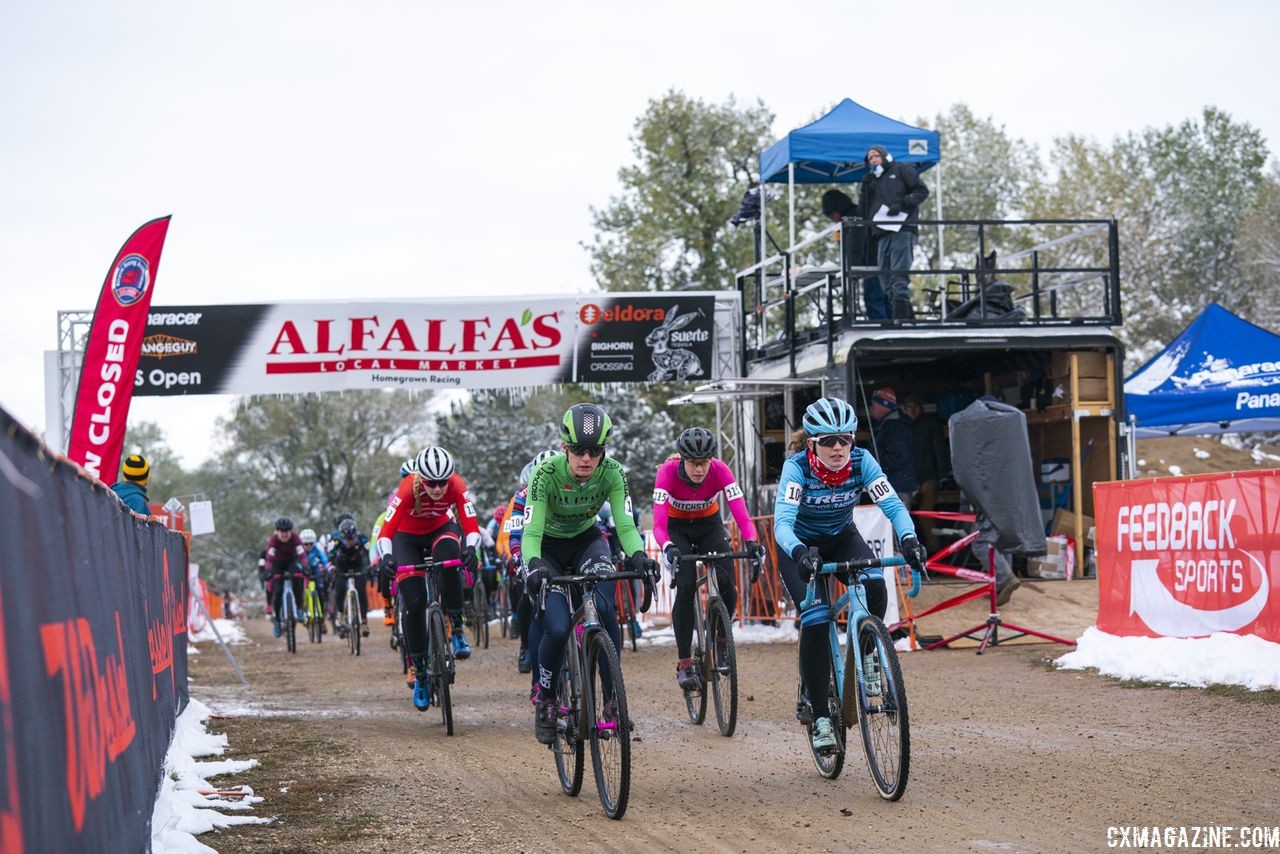 Emma Swartz and Katie Clouse lead the holeshot. 2018 US Open of Cyclocross, Day 2. © Col Elmore