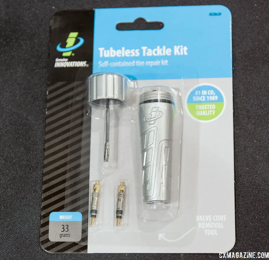 Slime Genuine Innovations tubeless plug kit. It weighs 33g, has valve core tool built into the holder, holds plugs and extra valve cores. Price is $20. 2018 Interbike. © C. Lee / Cyclocross Magazine
