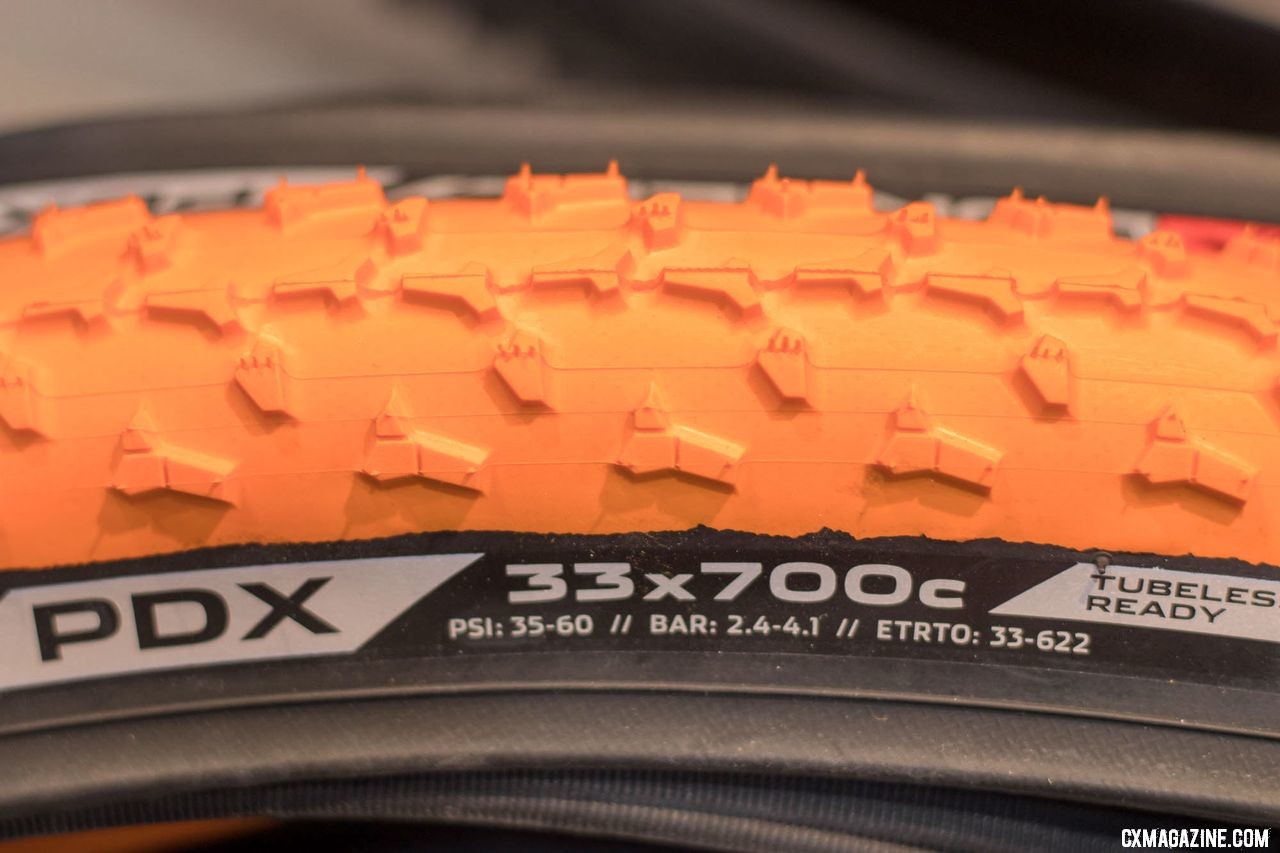 This orange PDX was hiding in the ProNet booth but caught our eye. The tire is expected to be exclusive to the new C//C Amy D cyclocross bikes. New Donnelly cyclocross and gravel tires from 2018 Interbike. © Cyclocross Magazine