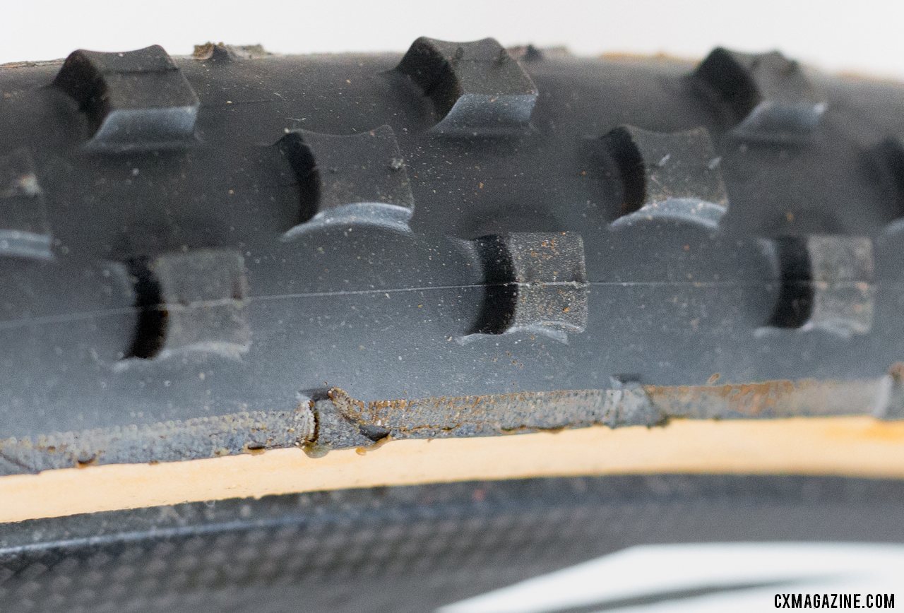 Jonathan Page says the Dugast's Ernst mud tubular should be oriented to have the scooped side of the knobs pointing forward (when viewing from above). You can see the remnant of the side knob from the mountain bike tread. © Cyclocross Magazine