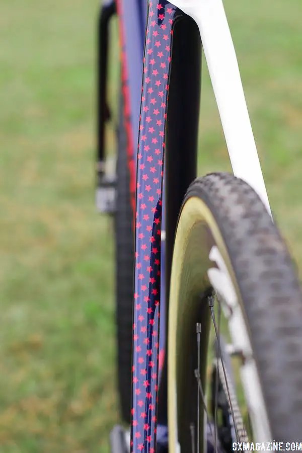 Chain stays on Bike 3 are blue and white with red stars. Stephen Hyde's 2018/19 Cannondale SuperX Cyclocross Bikes. © Z. Schuster / Cyclocross Magazine