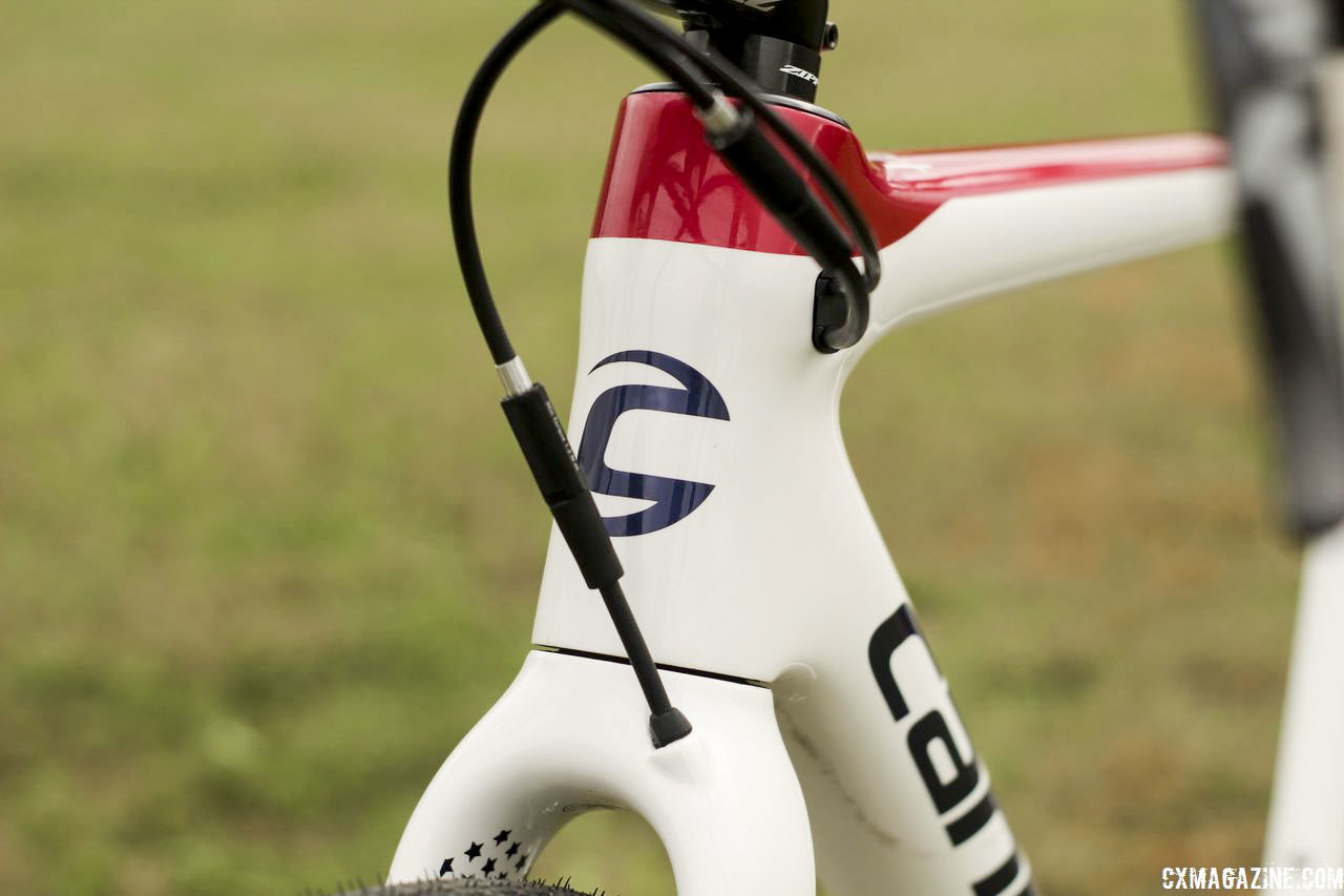 The white bike features a blue head badge decal. Stephen Hyde's 2018/19 Cannondale SuperX Cyclocross Bikes. © Z. Schuster / Cyclocross Magazine