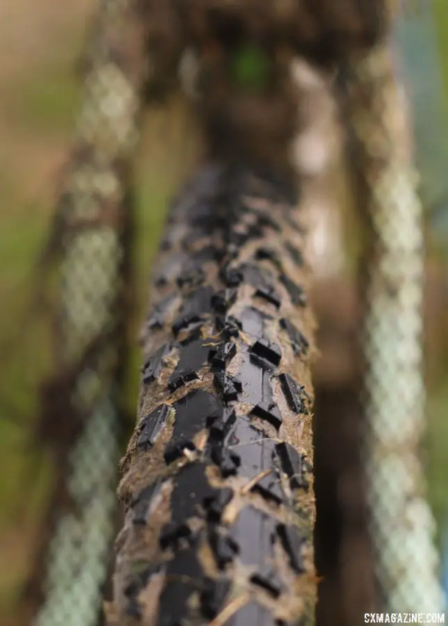 Iowa City's conditions called for Dugast Rhino tires. As with many other mud treads, it features a faster center line and widely spaced lugs for mud shedding. Marianne Vos' Ridley X-Night SL Disc, 2018 Jingle Cross World Cup. © Z. Schuster / Cyclocross Magazine