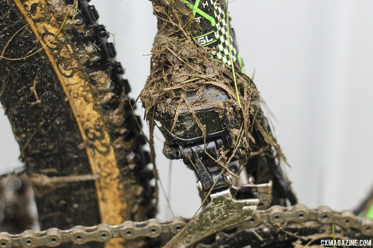 Front derailleurs offer an excellent surface on which mud can gather. Marianne Vos' Ridley X-Night SL Disc, 2018 Jingle Cross World Cup. © Z. Schuster / Cyclocross Magazine