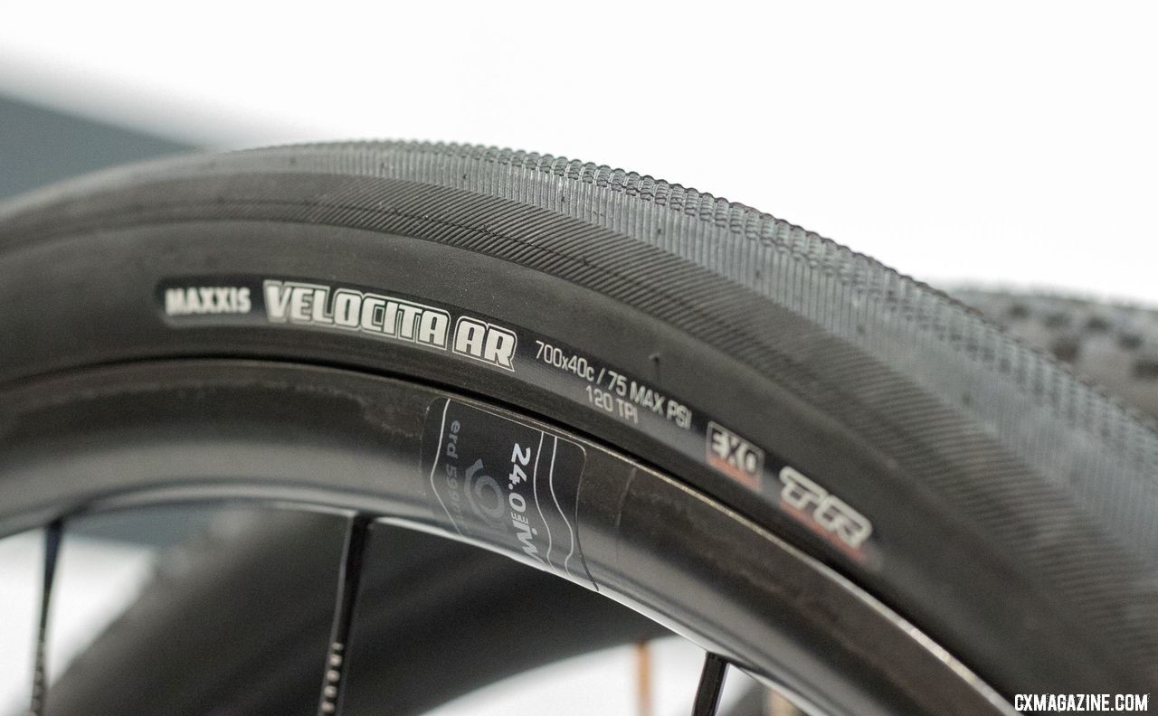 Maxxis added a new fast-rolling Velocita AR gravel tire, available in EXo and Silk Shield casings. It'll be a lighter, more supple alternative to the burly Refuse tire. New Maxxis cyclocross and gravel tires from 2018 Interbike. © Cyclocross Magazine