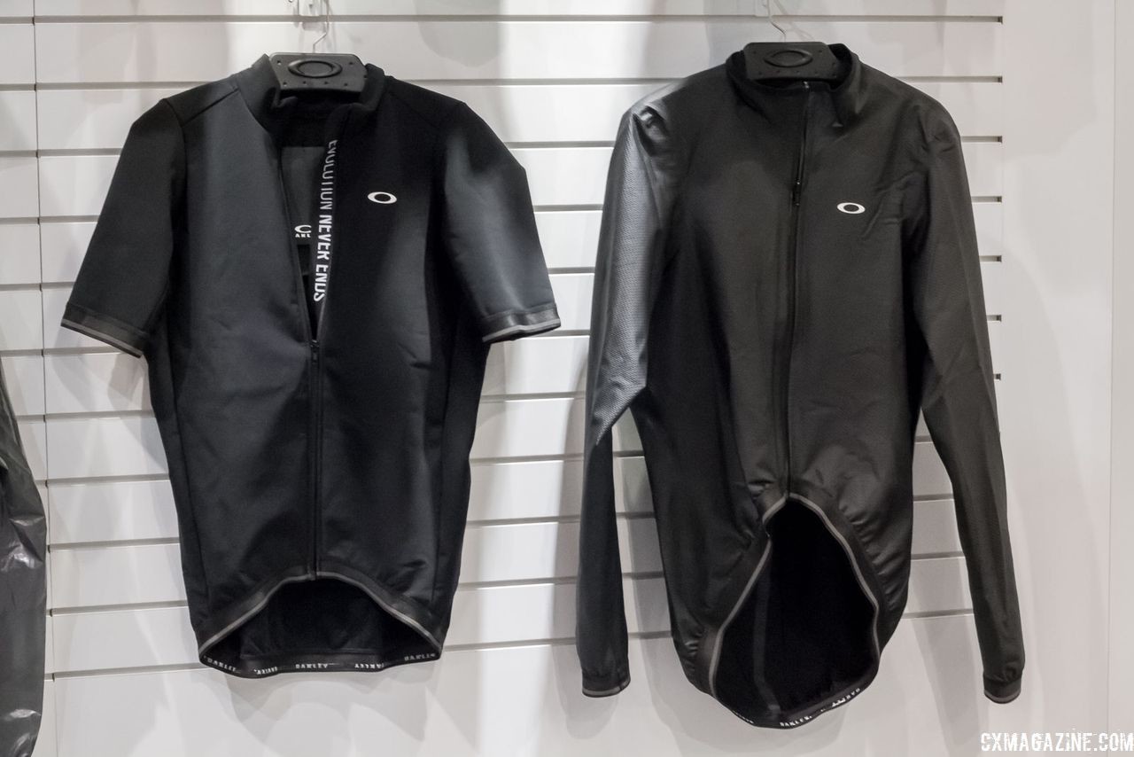 Oakley's lightweight waterproof jacket is a redesign of BioRacer's popular Rainy 2.0 jacket. Oakley's new road cycling kits. 2018 Interbike. © Cyclocross Magazine