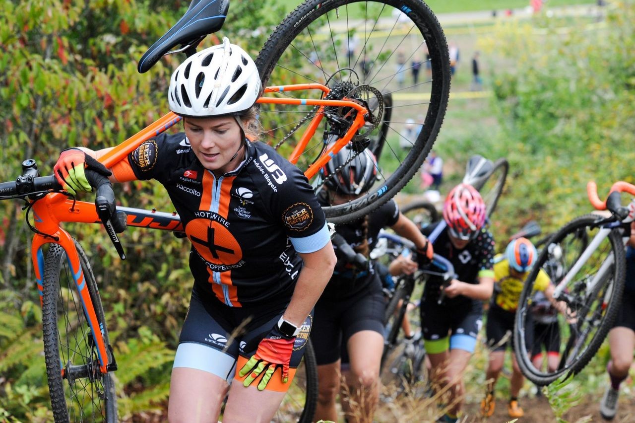 Riders climb the run-up. 2018 Mooca Liets Veldrijden p/b Rapha Seattle, Lakewood, WA. © Geoffrey Crofoot