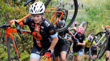 Riders climb the run-up. 2018 Mooca Liets Veldrijden p/b Rapha Seattle, Lakewood, WA. © Geoffrey Crofoot