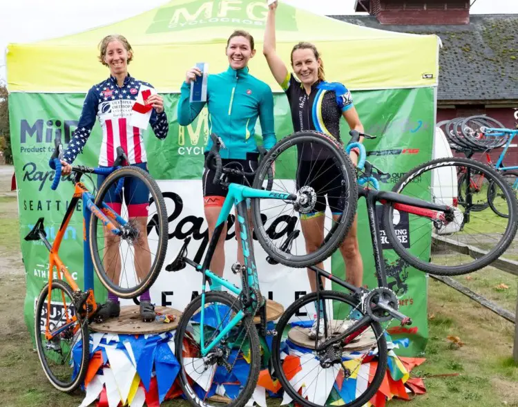 Women's podium: Anna Megale, Monica Lloyd and Gina Estep. 2018 Mooca Liets Veldrijden p/b Rapha Seattle, Lakewood, WA. © Geoffrey Crofoot