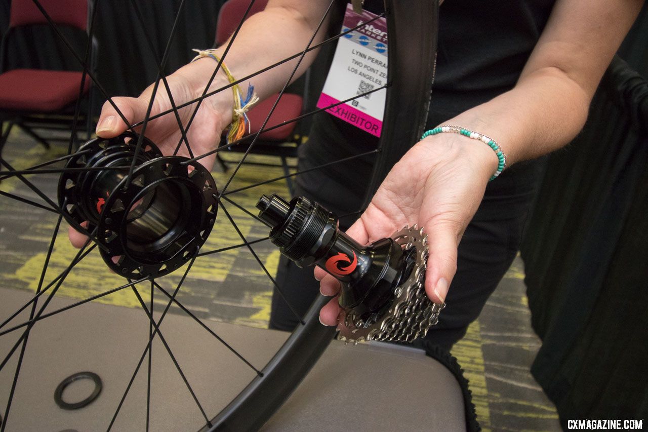 Two Point Zero's Phoenix modular hub allows for a quick swap of your rim for race day, without changing your cassette or rotor (but you'll still have to remove your Centerlock rotor). 2018 Interbike new products. © Cyclocross Magazine