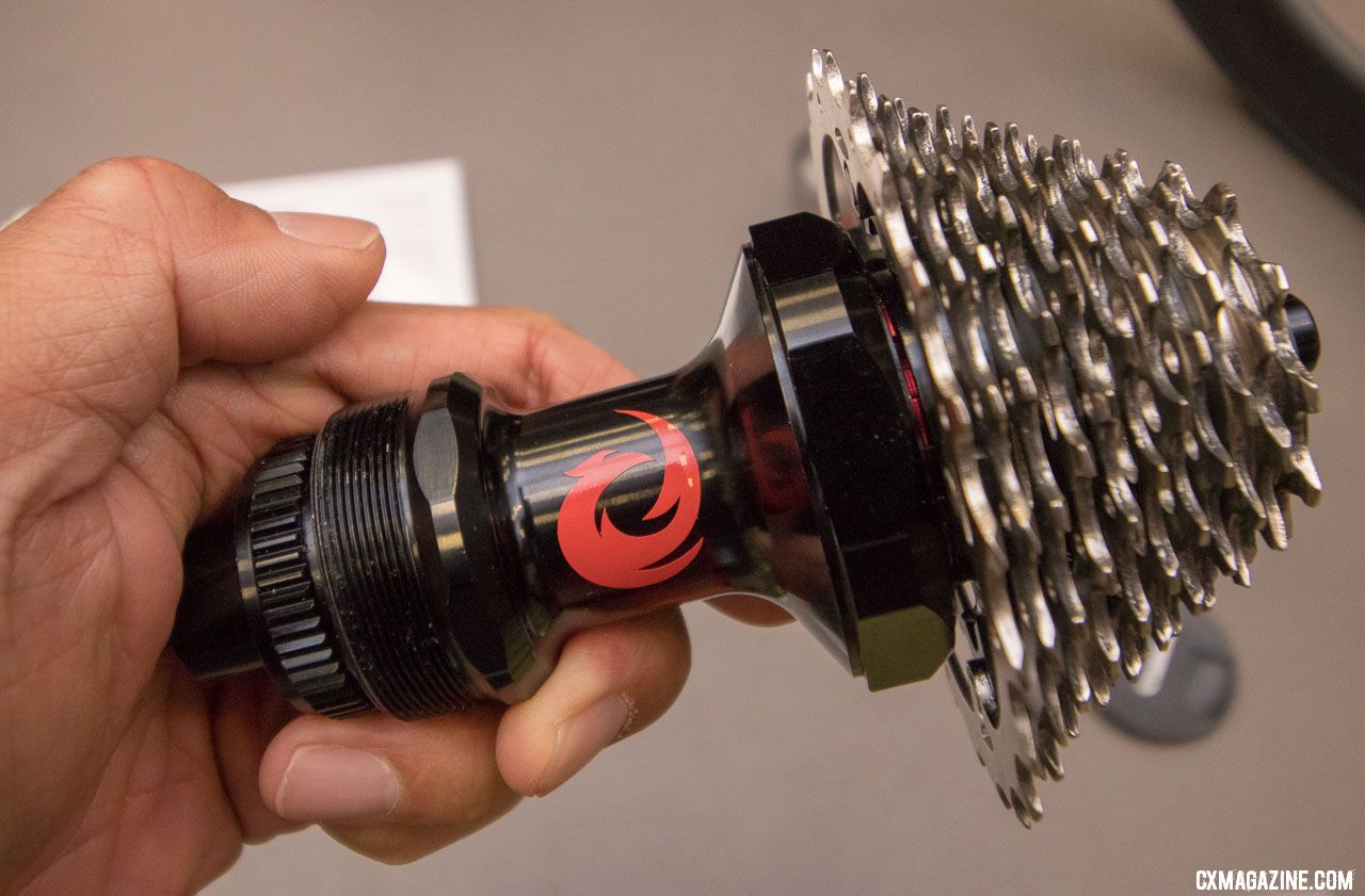 You could just own one of these internal hubs, and swap between rims. You'll need a proprietary tool and will have to remove the Centerlock rotor to swap the hub between rims and hub shells. Two Point Zero's Phoenix modular hub. 2018 Interbike new products. © Cyclocross Magazine