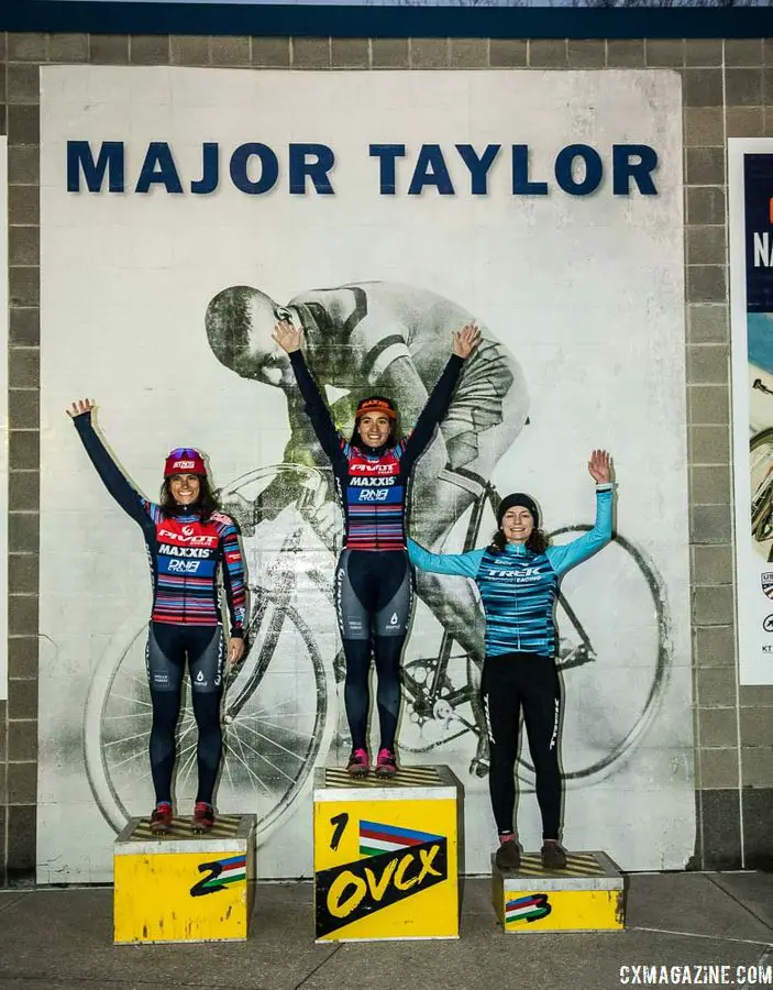 Women's podium: Sofia Gomez Villafane, Courtenay McFadden and Emma Swartz. 2018 Major Taylor Cross Cup Day 2. © Mike Almert, Action Images Indy