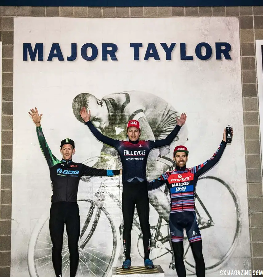 Men's podium: Eric Brunner, Drew Dillman and Jamey Driscoll. 2018 Major Taylor Cross Cup Day 2. © Mike Almert, Action Images Indy
