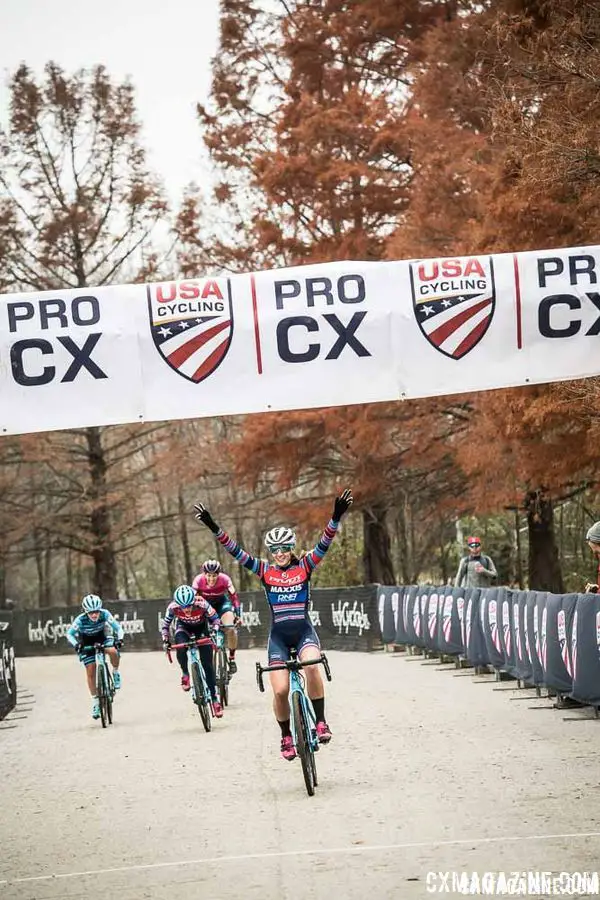 Sofia Gomez Villafane celebrates her win. 2018 Major Taylor Cross Cup Day 2. © Mike Almert, Action Images Indy