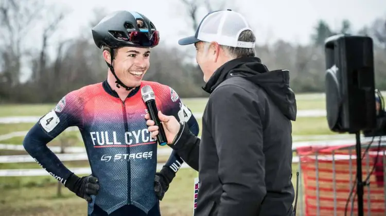 Eric Brunner scores the coveted post-race interview with Scott Herrman. 2018 Major Taylor Cross Cup Day 2. © Mike Almert, Action Images Indy