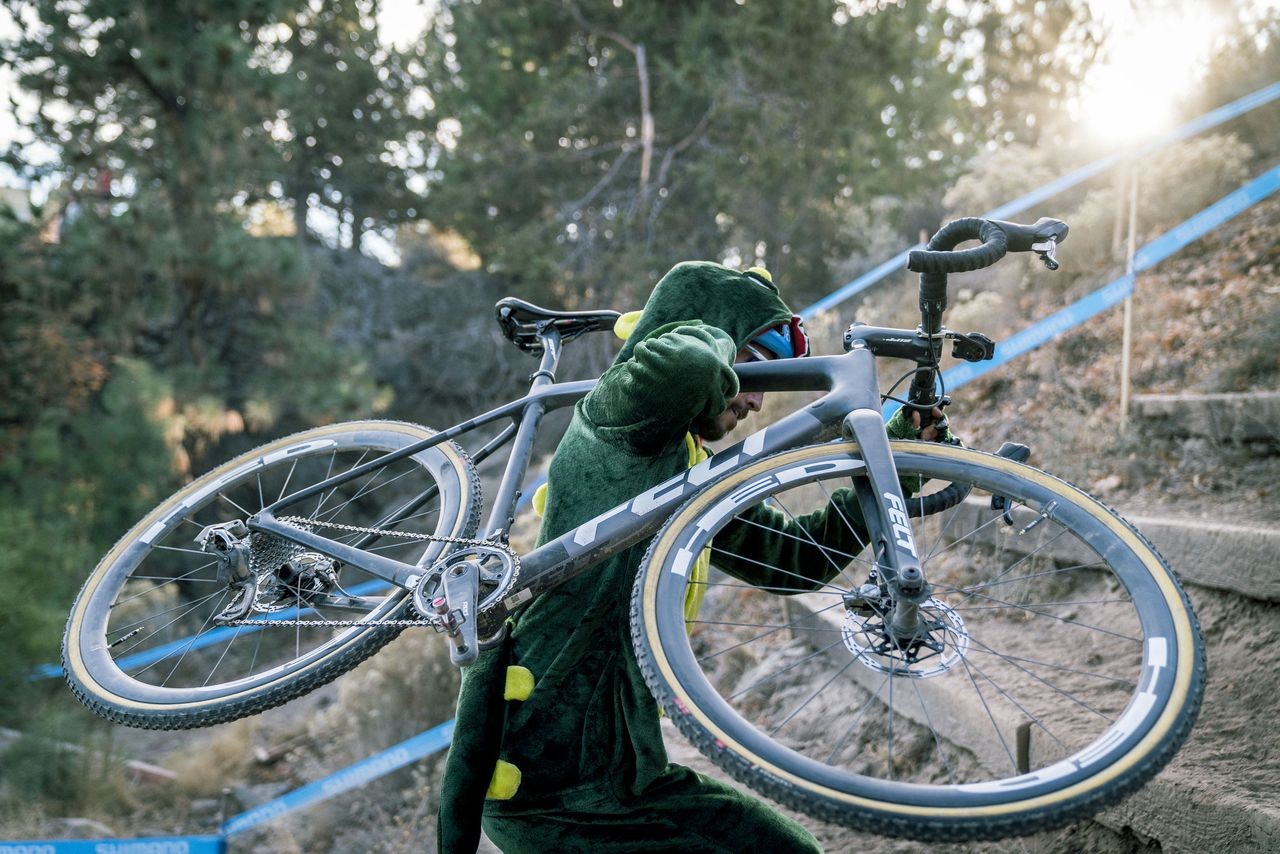 Good things T-Rex has big legs for the railroad ties. 2018 Cyclocross Crusade Halloween Race at Deschutes Brewery, Bend, OR. © Ben Guernsey