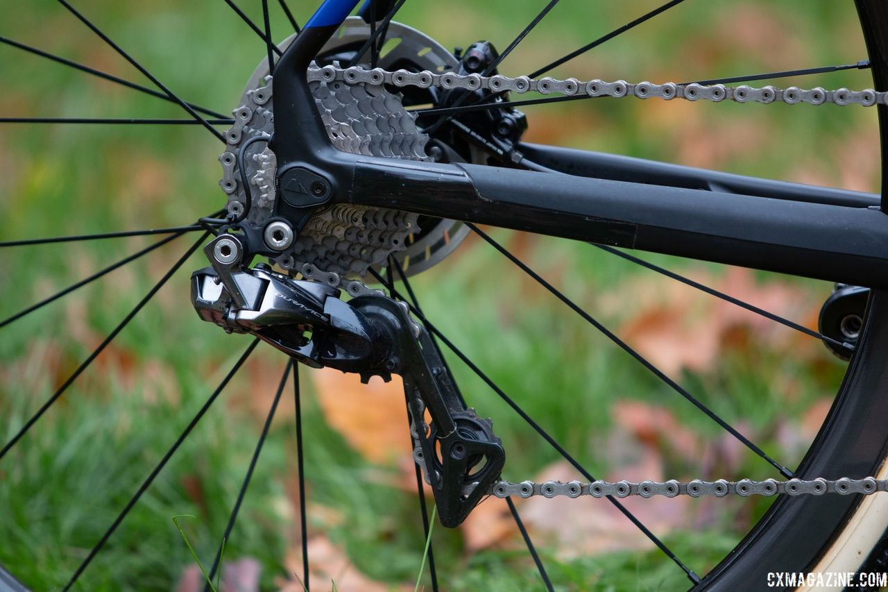 As a Shimano rider, Van der Poel used Dura-Ace chains, cassettes,and derailleurs. Mathieu van der Poel's Canyon Inflite CF SLX. © A. Yee / Cyclocross Magazine