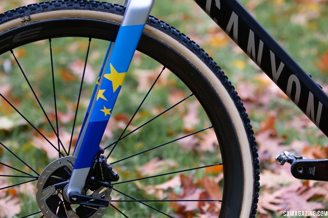 Paint accents on this particular bike pay homage to Van der Poel's victory as European Champion. Mathieu van der Poel's Canyon Inflite CF SLX. © A. Yee / Cyclocross Magazine