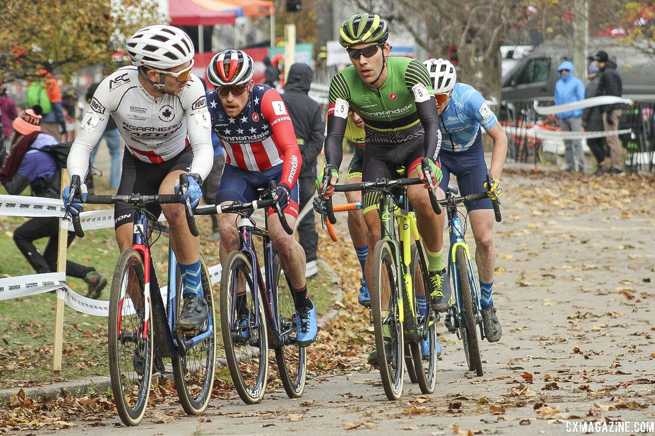 Once the group dropped to four in the Elite Men's race, there were some politics among the riders. 2018 Pan-American Cyclocross Championships, Midland, Ontario. © Z. Schuster / Cyclocross Magazine