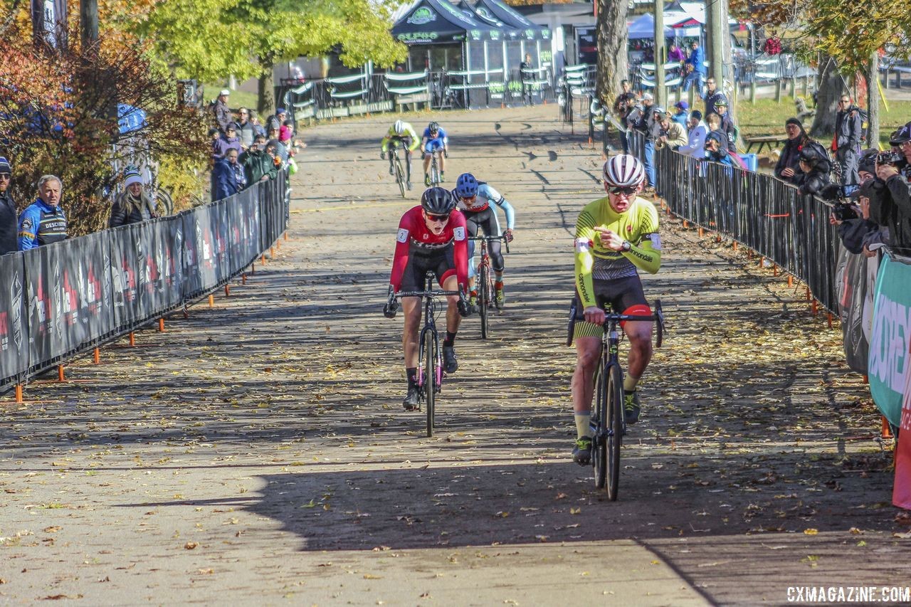 Magnus Sheffield celebrates his narrow Junior Men win. 2018 Pan-American Cyclocross Championships, Midland, Ontario. © Z. Schuster / Cyclocross Magazine