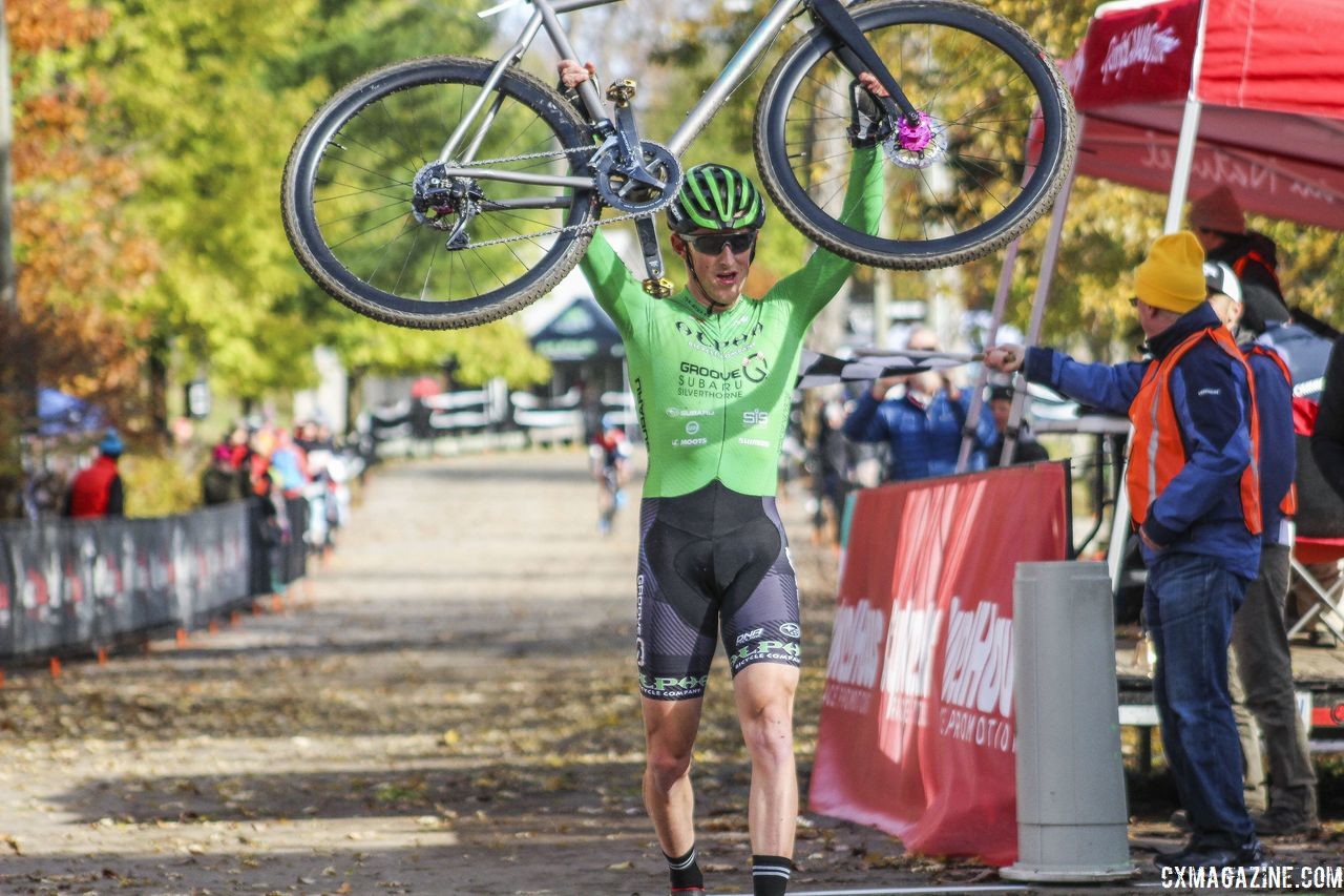 Gage Hecht celebrates his U23 Men's win. 2018 Pan-American Cyclocross Championships, Midland, Ontario. © Z. Schuster / Cyclocross Magazine