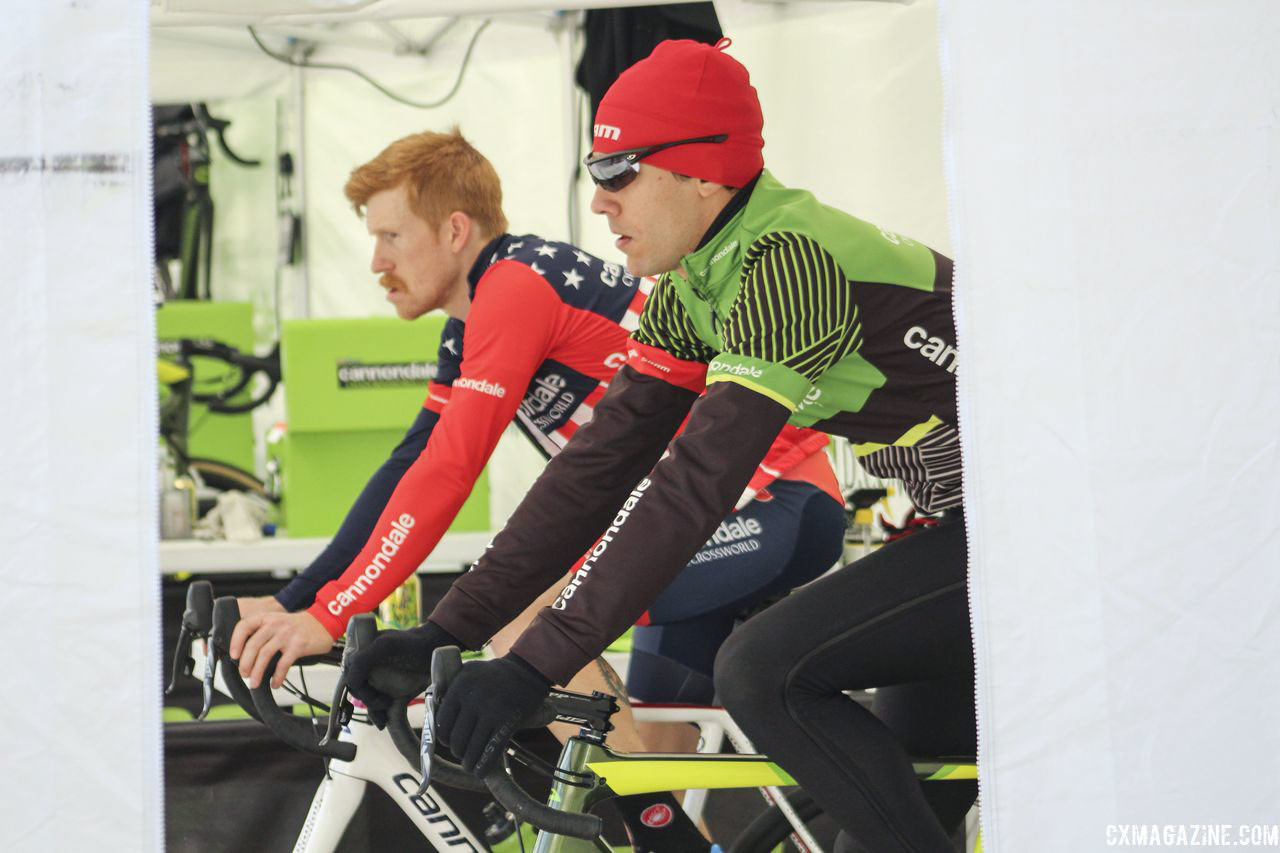 Team riders are all business when they need to be. Other times, the vibe is much more relaxed. 2018 Pan-American Cyclocross Championships, Midland, Ontario. © Z. Schuster / Cyclocross Magazine