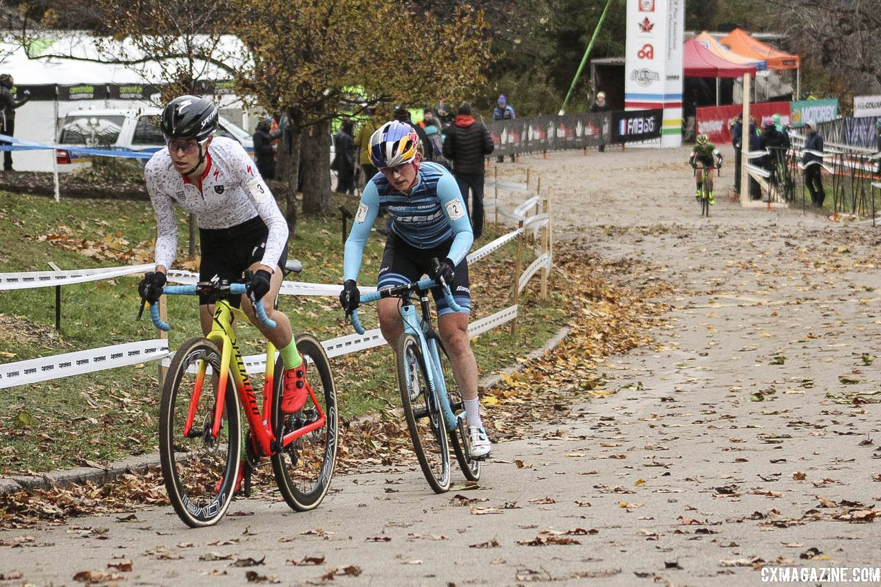 Rochette and Noble got a gap on Keough at the end of the third lap. 2018 Pan-American Cyclocross Championships, Midland, Ontario. © Z. Schuster / Cyclocross Magazine