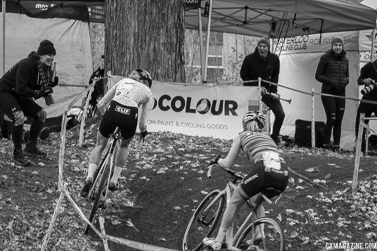 Rochette and Noble race past cheering fans. 2018 Pan-American Cyclocross Championships, Midland, Ontario. © Z. Schuster / Cyclocross Magazine