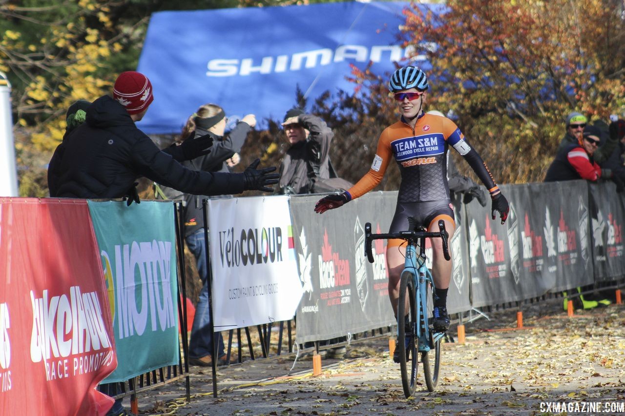 Clara Honsinger celebrates her U23 Women's win. 2018 Pan-American Cyclocross Championships, Midland, Ontario. © Z. Schuster / Cyclocross Magazine