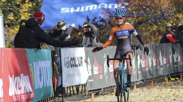 Clara Honsinger celebrates her U23 Women's win. 2018 Pan-American Cyclocross Championships, Midland, Ontario. © Z. Schuster / Cyclocross Magazine