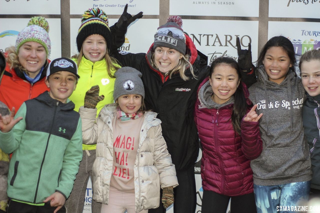 A bunch of young fans were feeling the CX Fever with Maghalie Rochette after her win. 2018 Pan-American Cyclocross Championships, Midland, Ontario. © Z. Schuster / Cyclocross Magazine