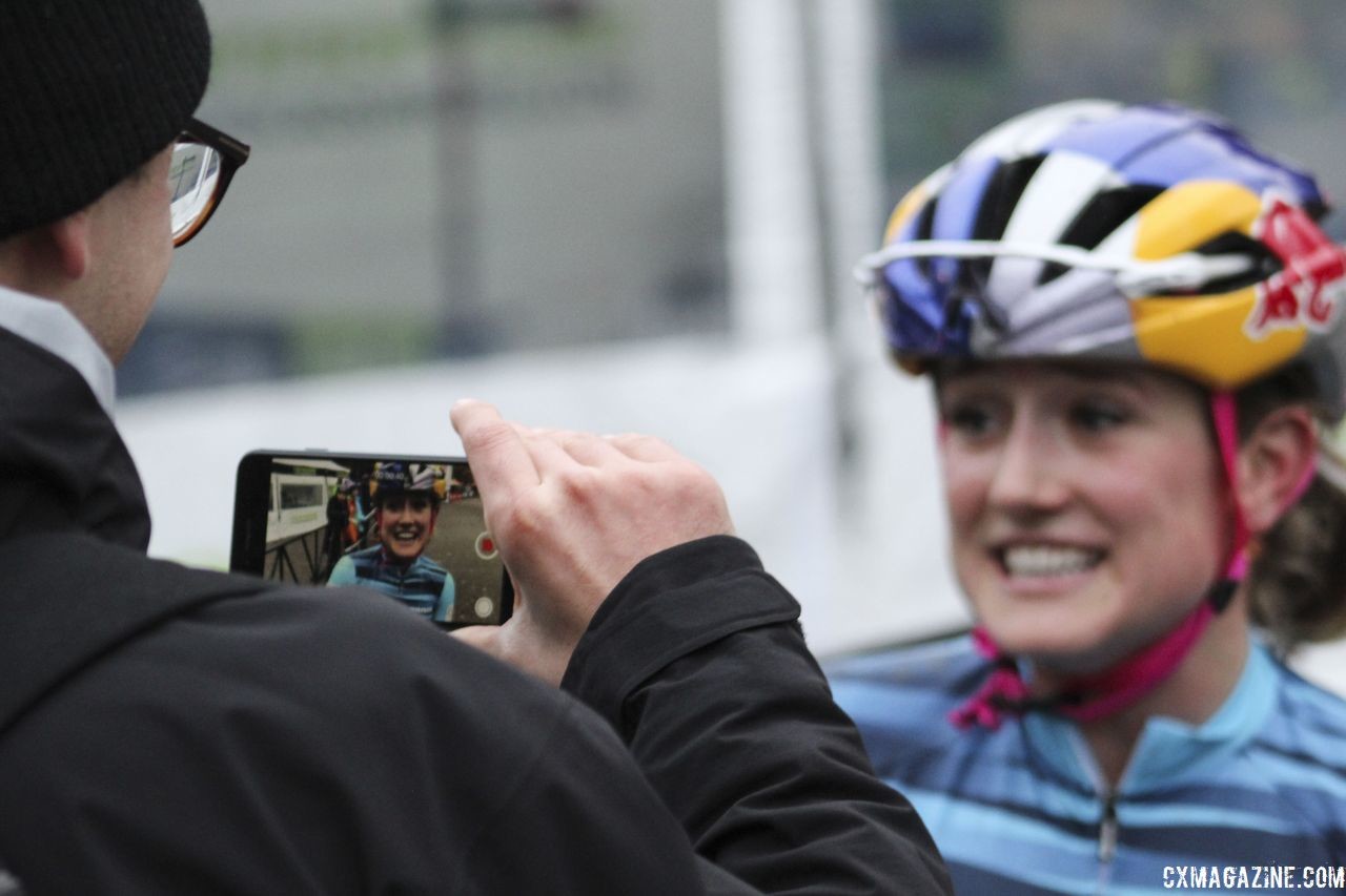 Ellen Noble talks with a reporter after the race. 2018 Silver Goose Cyclocross UCI C2 © Z. Schuster / Cyclocross Magazine