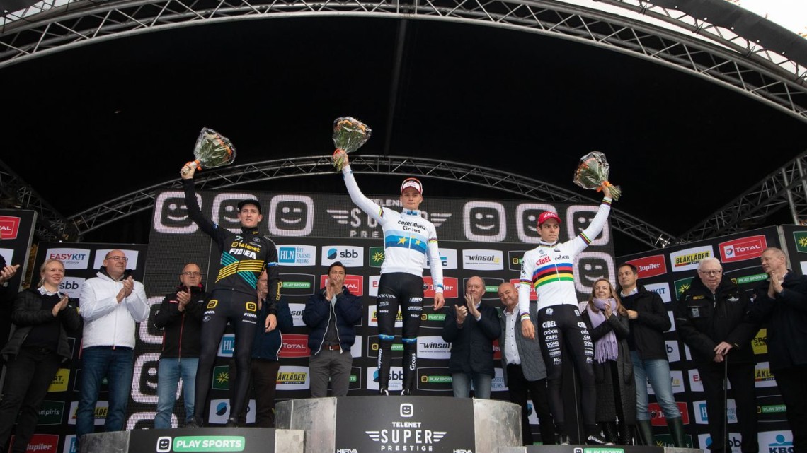 The men's podium, L to R: Toon Aerts, Mathieu van der Poel, and Wout van Aert. 2018 Superprestige Gavere Men. © A. Yee / Cyclocross Magazine