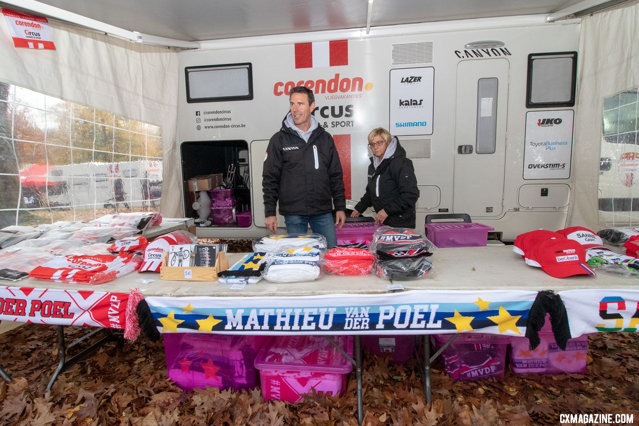 The biggest souvenir stand was selling product from the biggest stars. 2018 Superprestige Gavere Men. © A. Yee / Cyclocross Magazine
