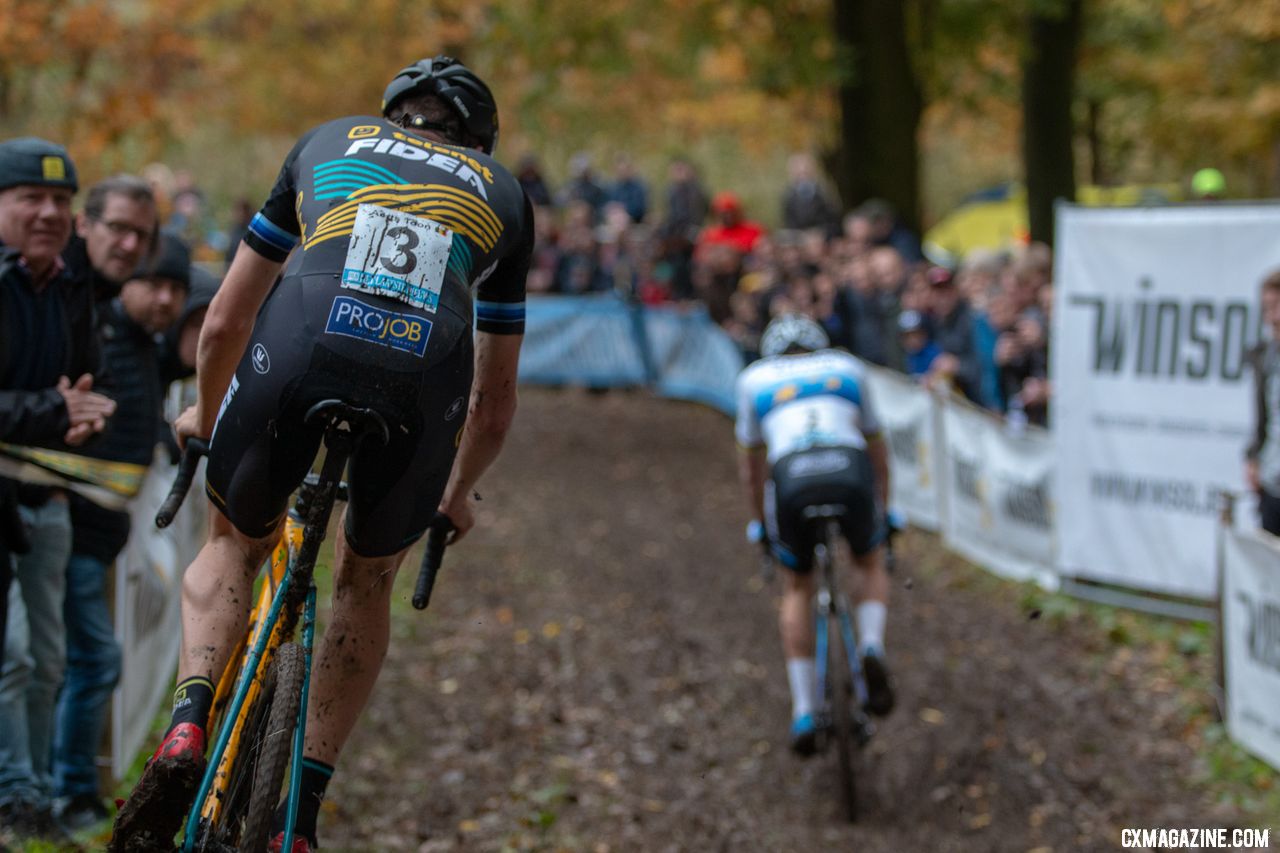 From the gun, Toon Aerts was the only one to keep Mathieu van der Poel within reach for a few laps. 2018 Superprestige Gavere Men. © A. Yee / Cyclocross Magazine