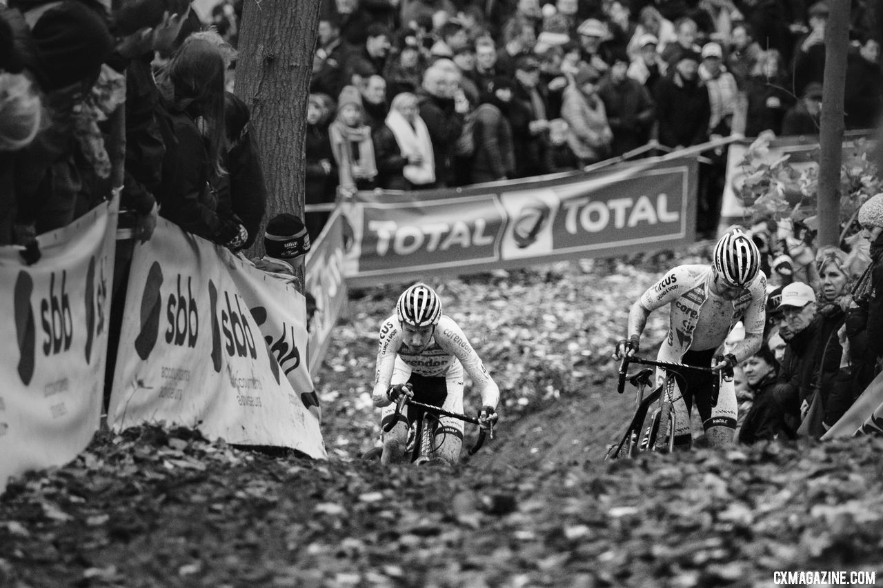 Teammates took different approach to the course's second major climb. 2018 Superprestige Gavere Men. © A. Yee / Cyclocross Magazine