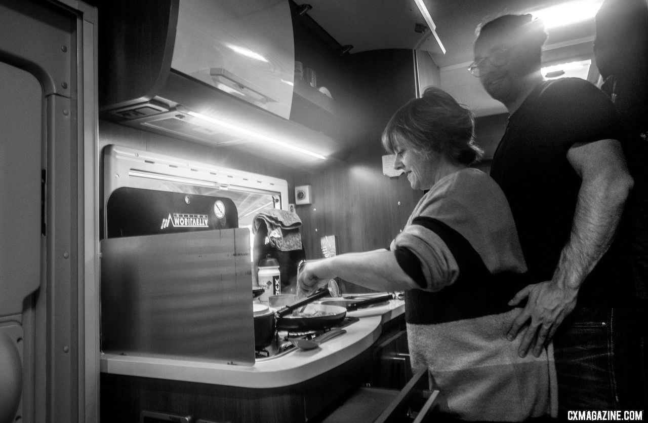 European cyclocross is a family affair. Eli Iserbyt's mom cooks a pre-race meal while brother Oliver helps out. 2018 Superprestige Gavere. © A. Yee / Cyclocross Magazine